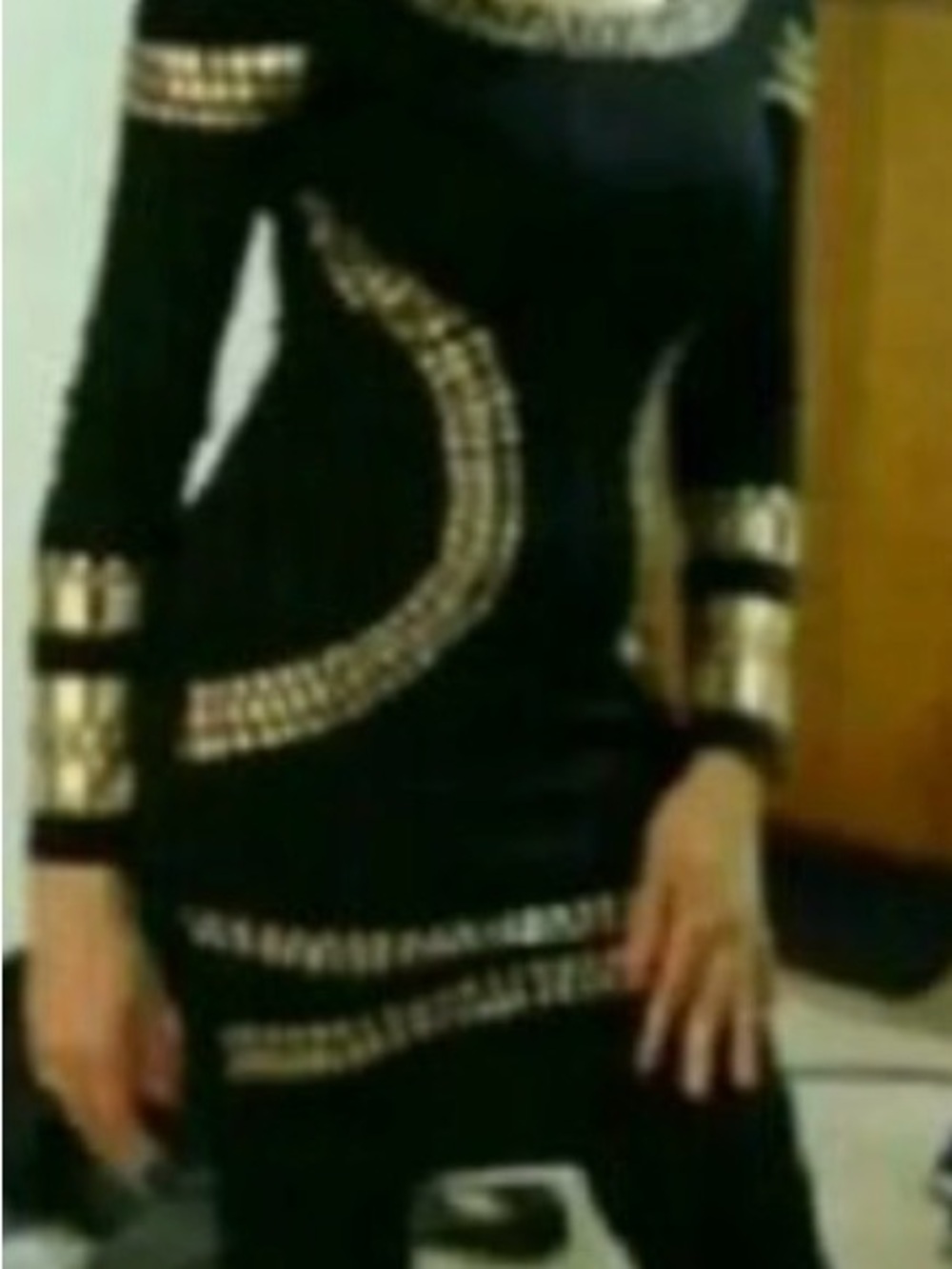 Black Long Sleeve Bodycon Dress with Gold Geometric Accents - Picture 2 of 5